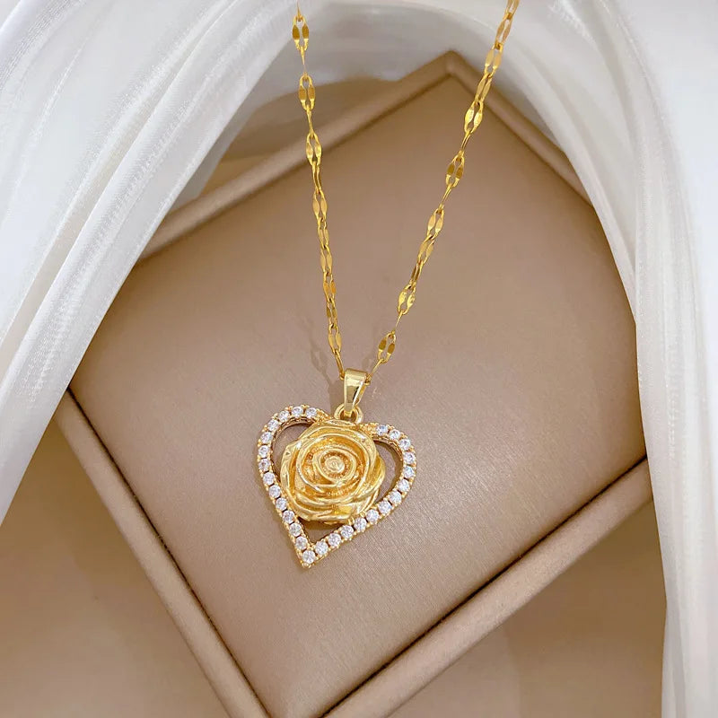 Unique Heart CZ Rose Flower Design Women's Pendant Necklace Aesthetic Bridal Wedding Accessories Gift for Mother's Day New