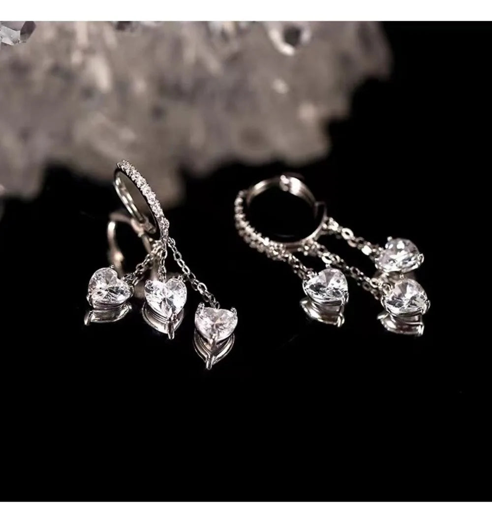 Light Luxury 925 Sterling Silver Sparkling Heart Tassel Fairy-Style Boutique Women's Earrings