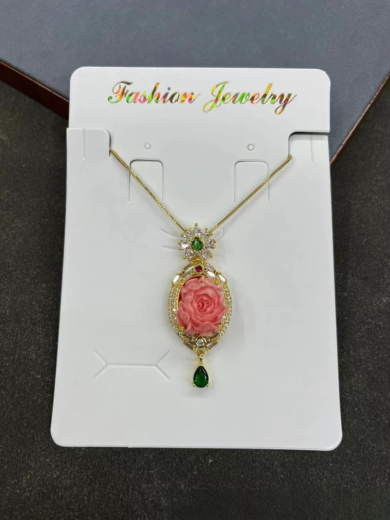 Turkish Natural Tourmaline Crystal Stone Neckalce Jade 3D Peony Flower Pattern Gemstone Pendant Charm Chain Women Lucky Jewelry