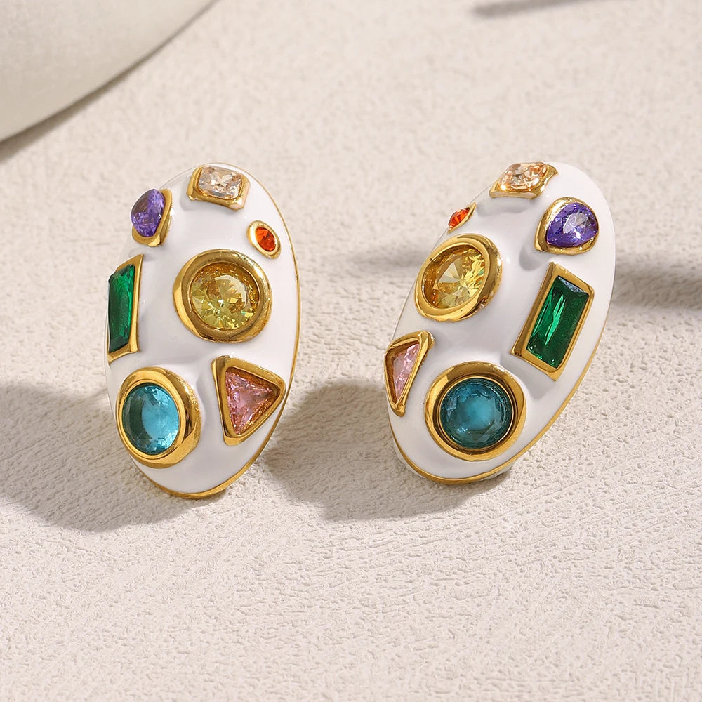 E.B.belle White Enamel Oval/Heart Coloful Geometric Zircon 18K Gold Plated Stainless Steel Women Party Statement Jewelry Gifts