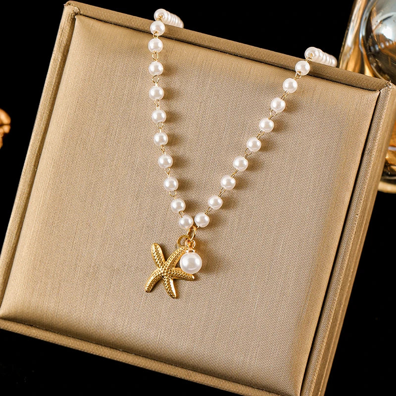 EILIECK 316L Stainless Steel Metal Sun Starfish Shells Pendant Necklace For Women Exquisite Neck Chain Waterproof Jewelry Gift