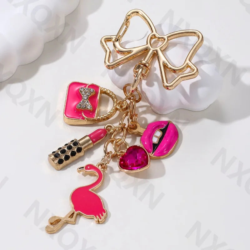 Cartoon Flamingo Lips High Heels Heart Keychain Pretty Handbag Enamel Key Ring For Friends Women Girl Festival Gifts DIY Jewelry