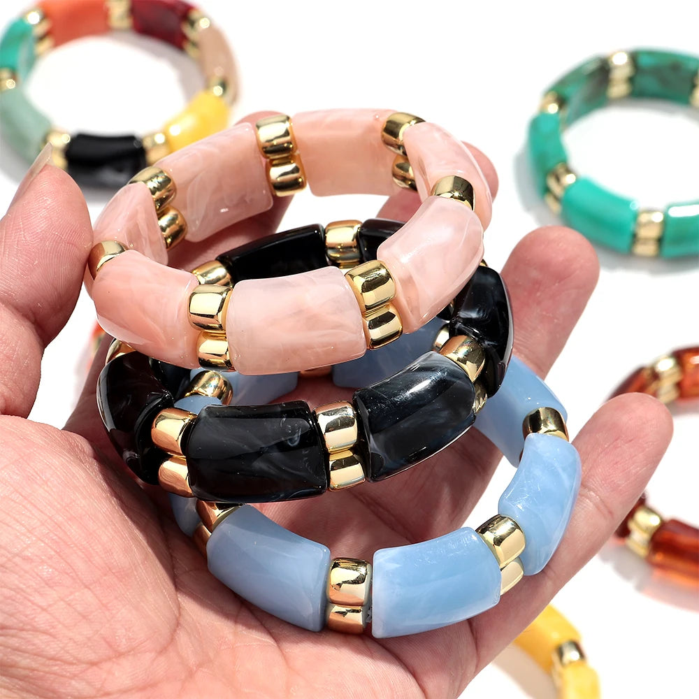 Vintage Acrylic Marbled Elastic Beads Bangle Bracelets for Women Fashion Golden CCB Round Beaded Cuff Bracelet Jewelry Gifts