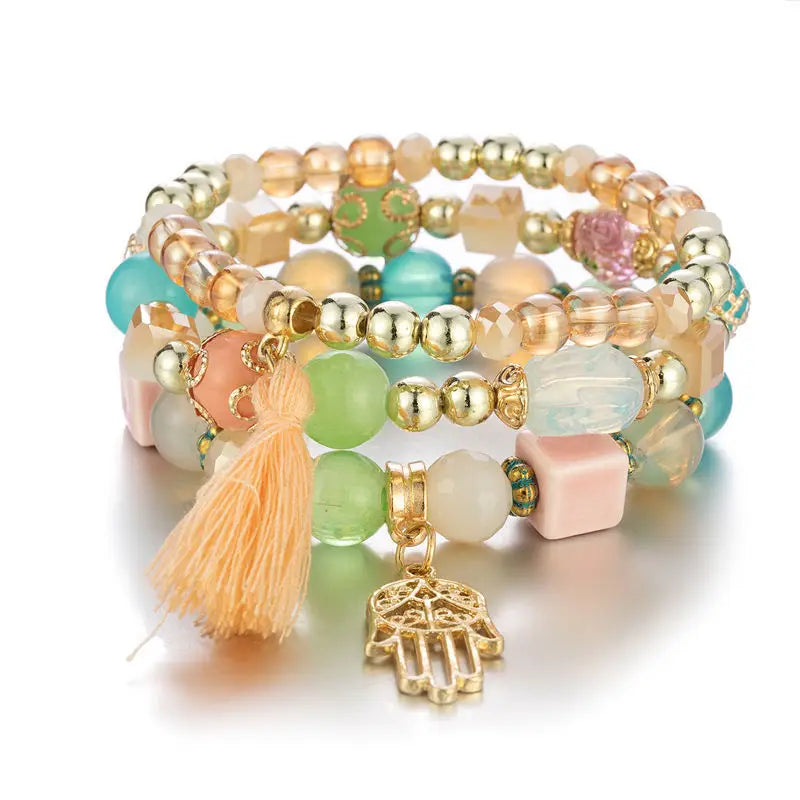3Pcs/set Boho Fatima Hand Charm Bracelets Set For Women Tassel Colorful Beads Chain Bangle Girls Bohemian Jewelry Accessories