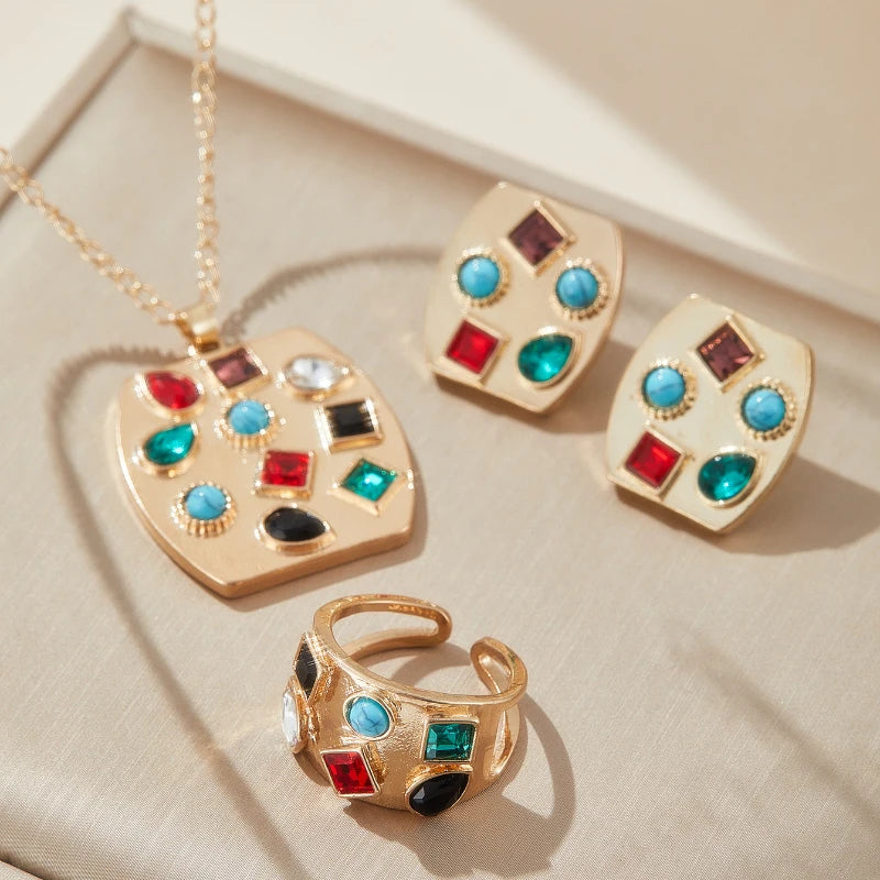 4pcs/set Fashion Jewelry Set with Colorful Inlaid Zirconia Pendant Necklace Earrings Ring for Women Holiday Party Accessories