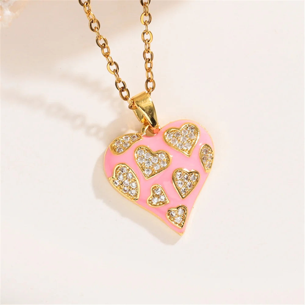 New Fashion Overlap Small Heart Love Charm Female Pink Green Zircon Pendant Necklace Gold Color Wedding Jewelry For Cute Women
