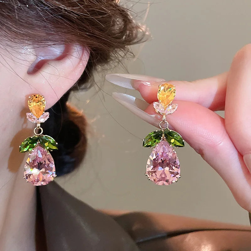2 Pcs Color-block Water Drop Zircon Pendant Necklaces Set Party Retro Leaf Dangle Earrings Daity Banquet Gathering Anniversary H