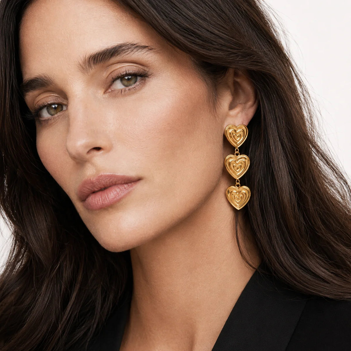 E.B.belle Modern Triple Heart Stud Earrings For Women 18K Gold Plated Waterproof Stainless Steel Earrings Fashion Ladies Jewelry