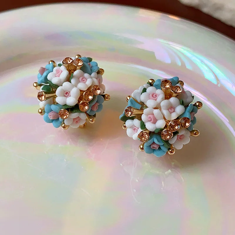 Pink Rhinestone Ceramic Flower Ball New in Stud Earrings for Women Temperament Versatile Earring Luxury Silver Jewelry Wholesale