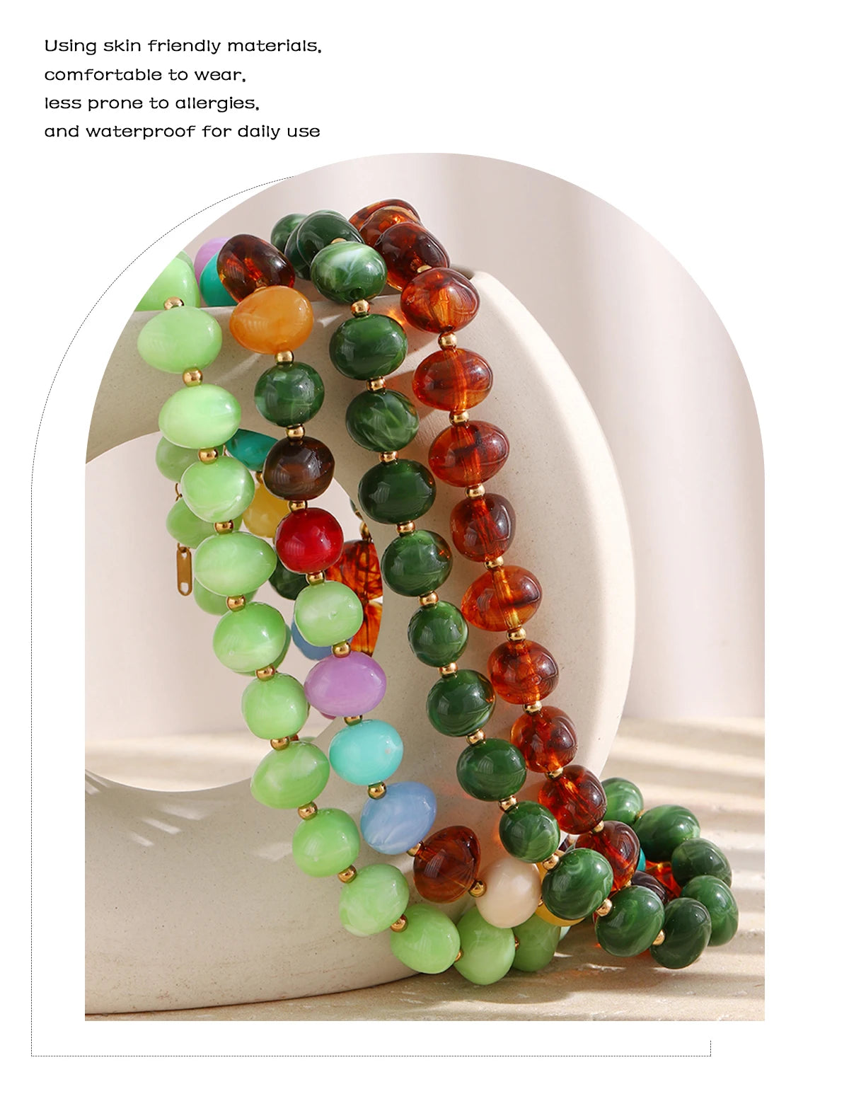 E.B.belle Colorful Candy Bead Strand Necklace Adjustable Gold Extension Chain Flat Oval Resin Beads Fashion Beach Women Jewelry