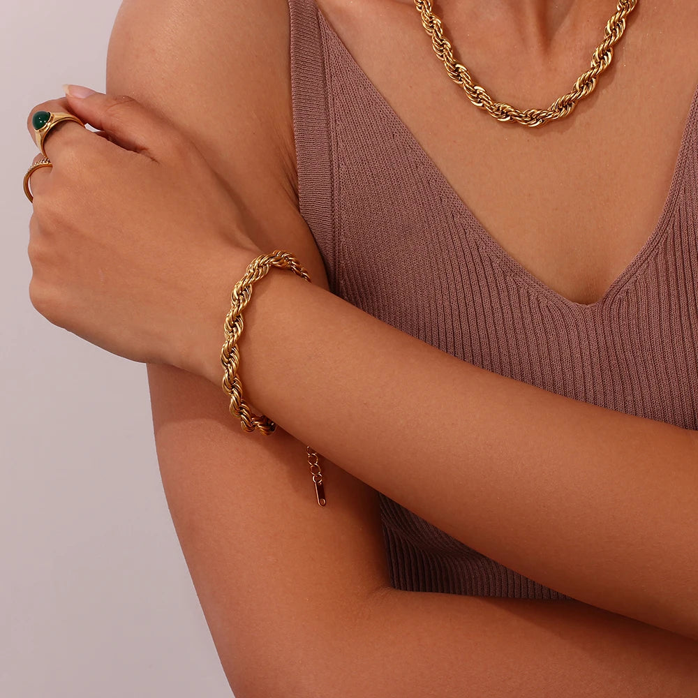 E.B.belle Tarnish Free Stainless Steel 18K Gold Plated Women's 8mm Chunky Twisted Rope Chain Necklace Trendy Gold Bracelet