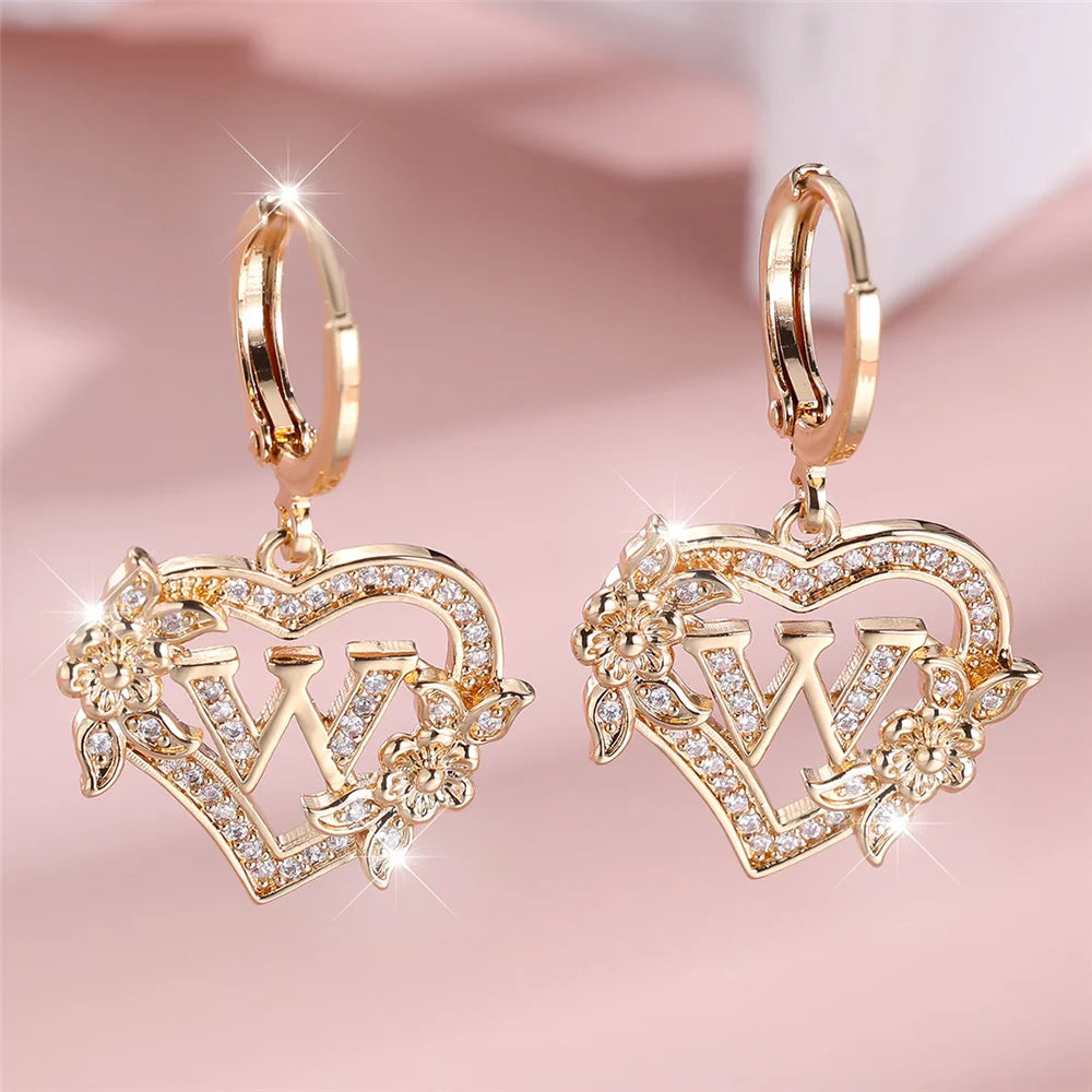 Female A-Z 26 Letter Heart Flower Hoop Earrings Yellow Gold Color White Zircon Wedding Jewelry For Women