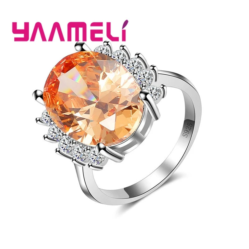 Classic Women Wedding Romantic Jewelry 925 Sterling Silver Color Band Rings Paved Big Oval Champagne Crystals Female Bague
