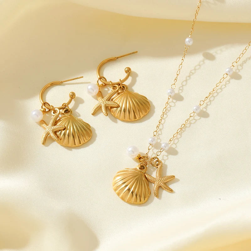 EILIECK 316L Stainless Steel Gold Color Starfish Shell Pearl Necklace Earrings Set For Women Trendy Waterproof Jewelry Lady Gift