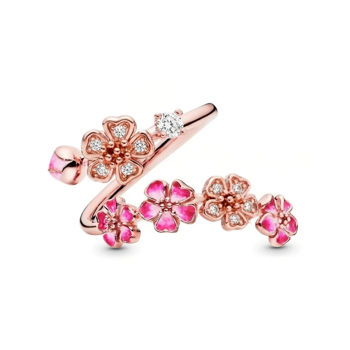 Charm Luxury Female Pink Bule Flower Zircon Stone Adjustable Open Ring RoseGold Silver Color Cute Gift Wedding Jewelry For Women