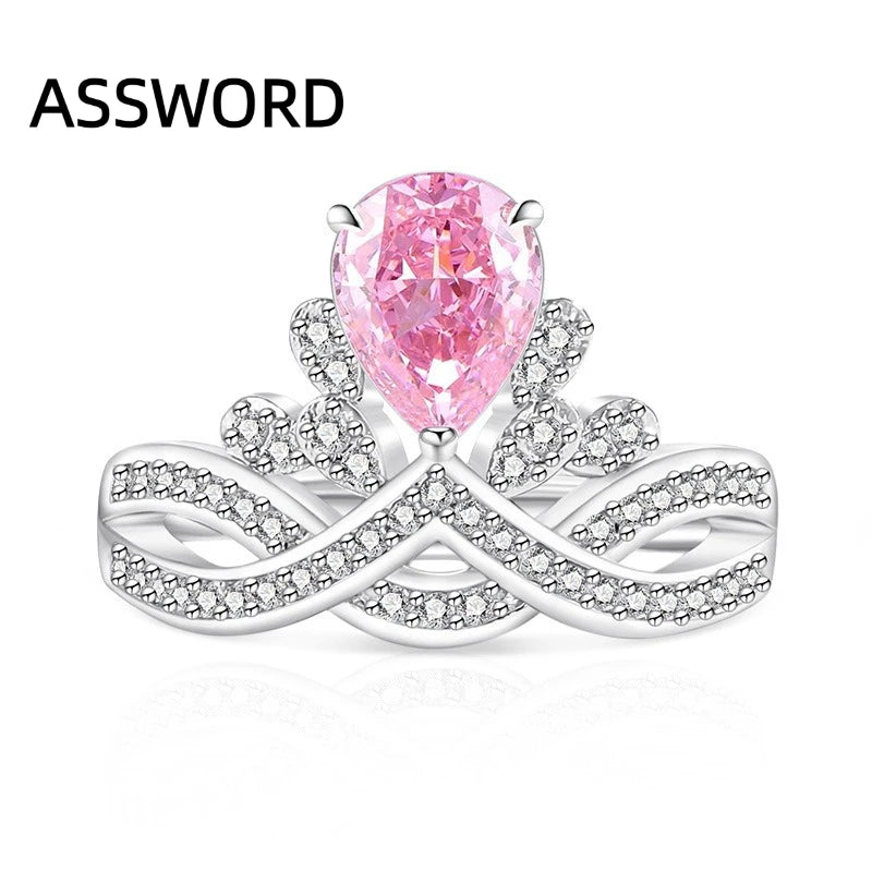 925 Sterling Silver Crown Teardrop Ice Flower Cut Cubic Zirconia Ring Twisted Split Shank Wedding Jewelry Gift for Women
