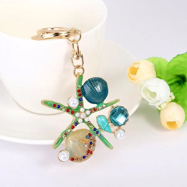 EASYA 2 Colors Sea World Crystal Starfish Keychain Fashion Simulated Pearl Shell Keyring Holders For Women Bag Car Key Chains