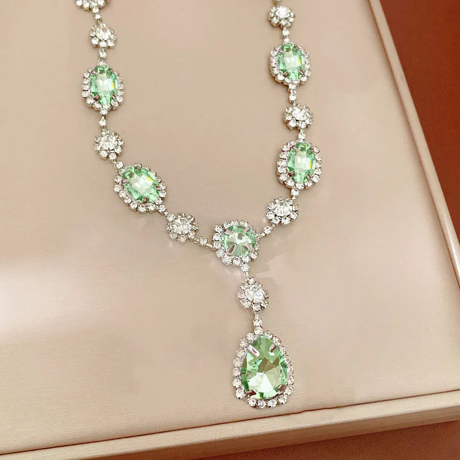 Shiny Cubic Zirconia Jewelry Set Women's Fashion Water Drop Teardrop Rhinestone Choker Necklace Dangle Earrings for Party K