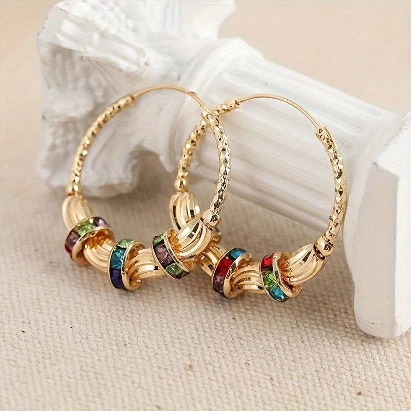 Retro Metal Crescent Earrings Bohemian Water Drop Tassel Earrings Multicolor Gemstone Inlay Jewelry for Women Gifts