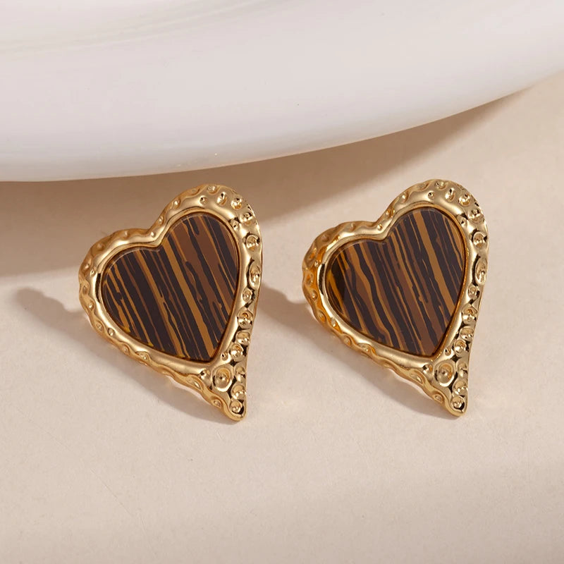 ANENJERY 316L Stainless Steel Ripple Metal Heart Earrings For Women Bohemia Niche Vintage Personality Delicate Jewelry Gifts