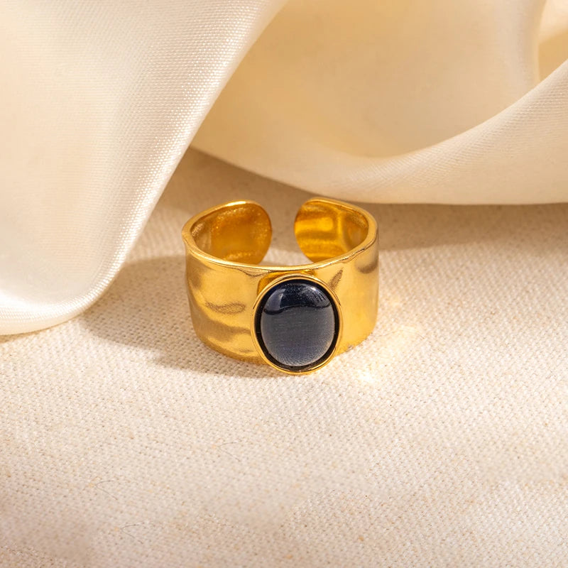 ANENJERY 316L Stainless Steel Colorful Stone Wide Smooth Open Ring for Women Men Elegant Noble Jewelry Gifts Wholesale