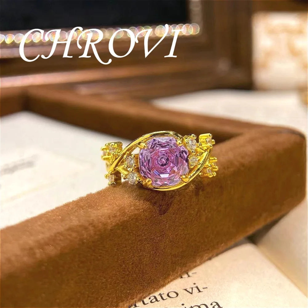 Exquisite 925 Sterling Silver Octagonal Millennium Rose Ring Gold-Plated Gemstone Engagement Ring for Women