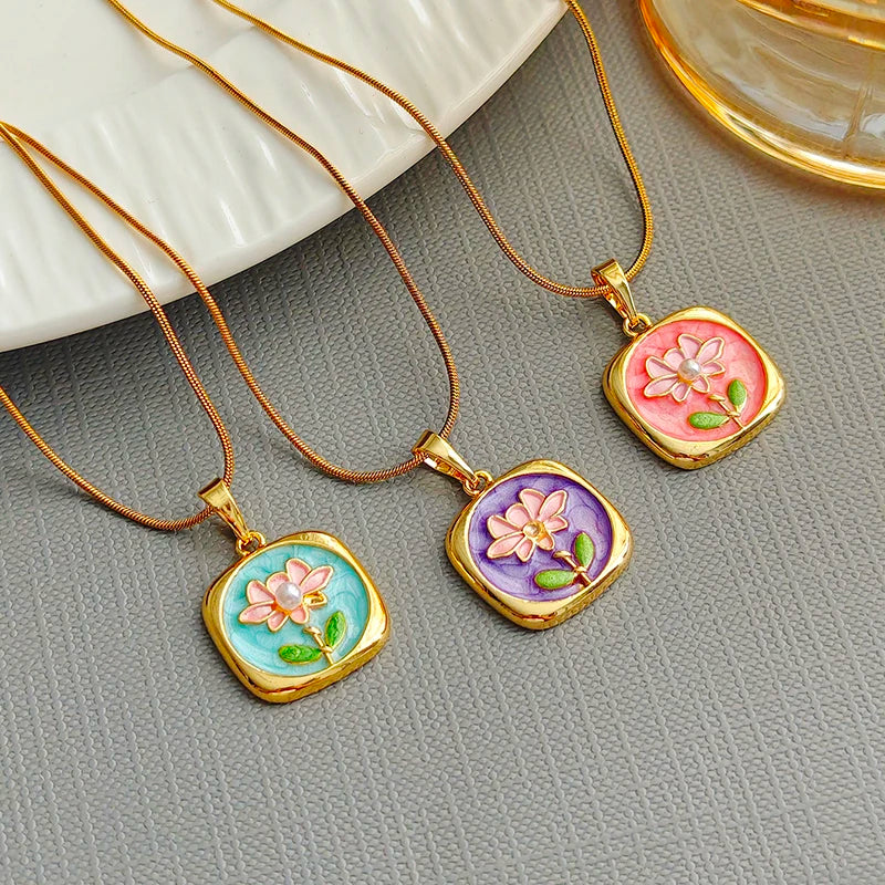 ANENJERY 316L Stainless Steel Colorful Square Lotus Necklace For Women Summer Holiday Glamorous Jewelry Gift Wholesale