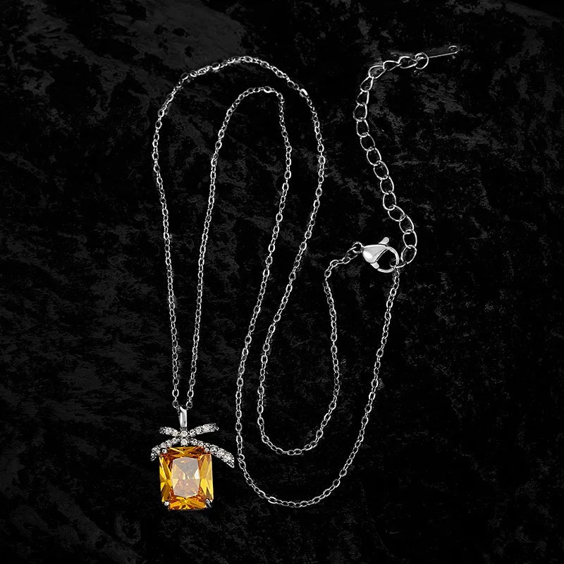 Yellow CZ Pendant Necklace for Women Silver Tone Bow Charm Crystal Necklaces Elegant Fashion Jewelry Gift new hot