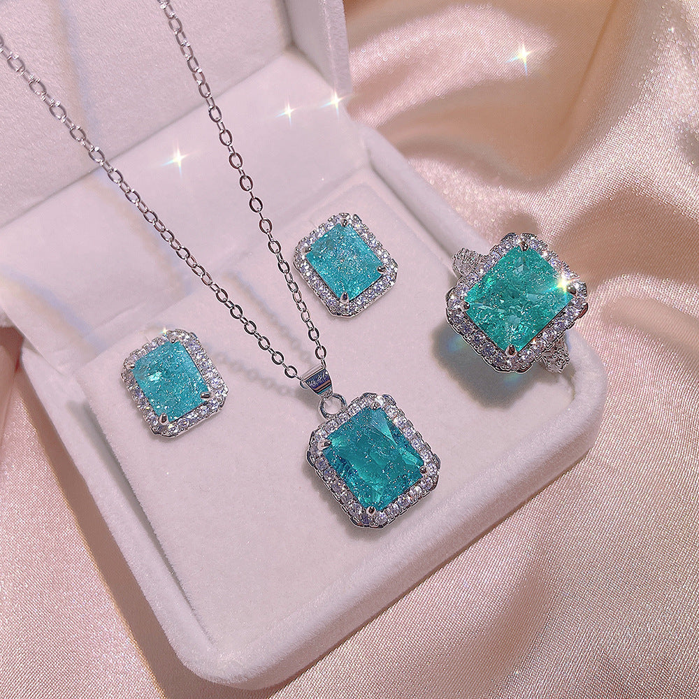 Haute Couture New Square Paraiba Ring Earring Necklace Three-piece Suit Women's Cocktail Party Gift Direct Sale