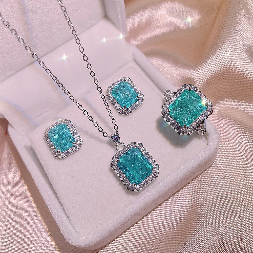 Haute Couture New Square Paraiba Ring Earring Necklace Three-piece Suit Women's Cocktail Party Gift Direct Sale