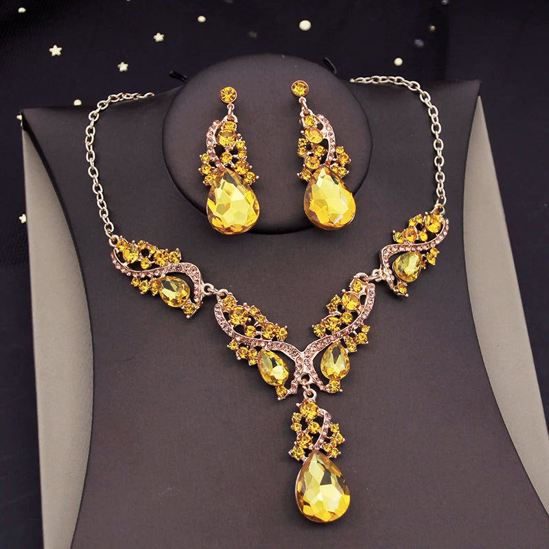 Gorgeous Yellow Crystal Rhinestone Bridal Jewelry Sets for Women Bride Choker Necklace Earrings Wedding Jewelry Set Fashion
