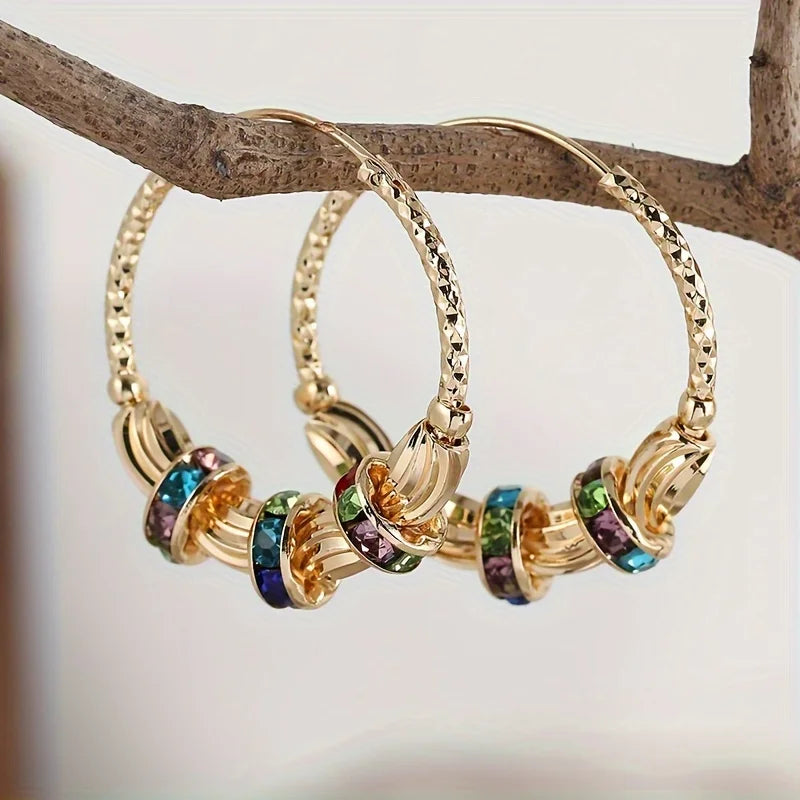 Retro Metal Crescent Earrings Bohemian Water Drop Tassel Earrings Multicolor Gemstone Inlay Jewelry for Women Gifts