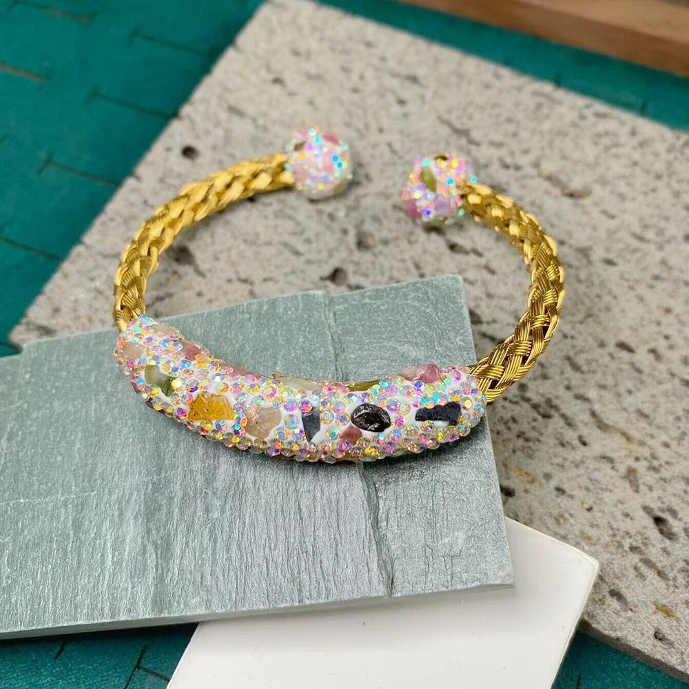Raw Baroque Freshwater Pearl Open Bangle Women Natural Tourmaline Crystal Cuff Bracelet AB Color Rhinestone Fashion Jewelry