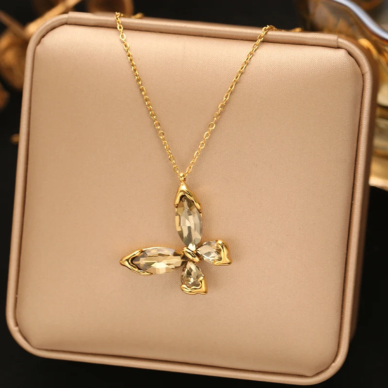 EILIECK Women's Butterfly Zircon Crystals Pendant Necklace Trendy Stainless Steel Waterproof Neck Chain Daily Jewelry Gift
