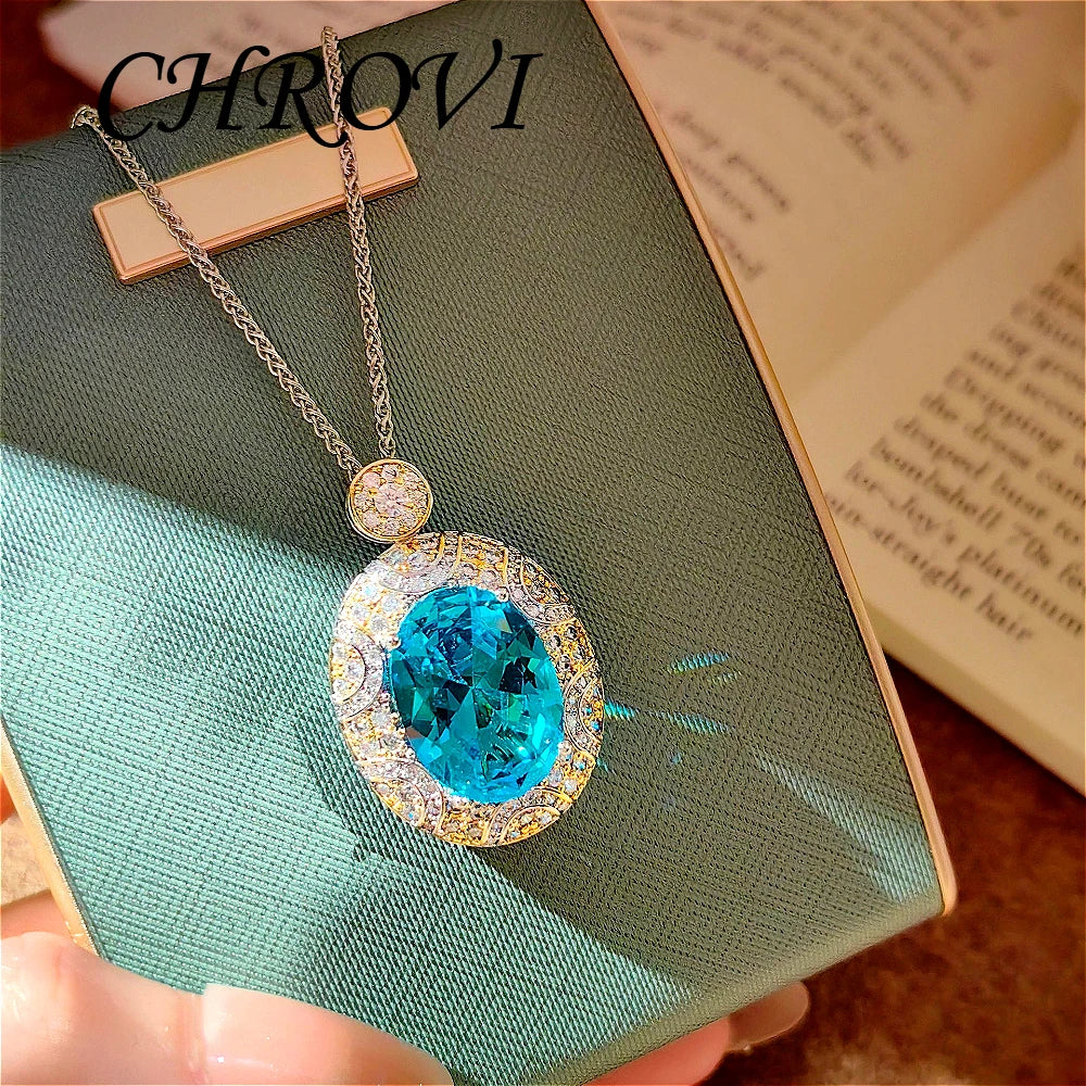 Luxury-Style 925 Sterling Silver Two-Colored Pendant Necklace Stud Earrings White Diamond Ring Gemstone Set