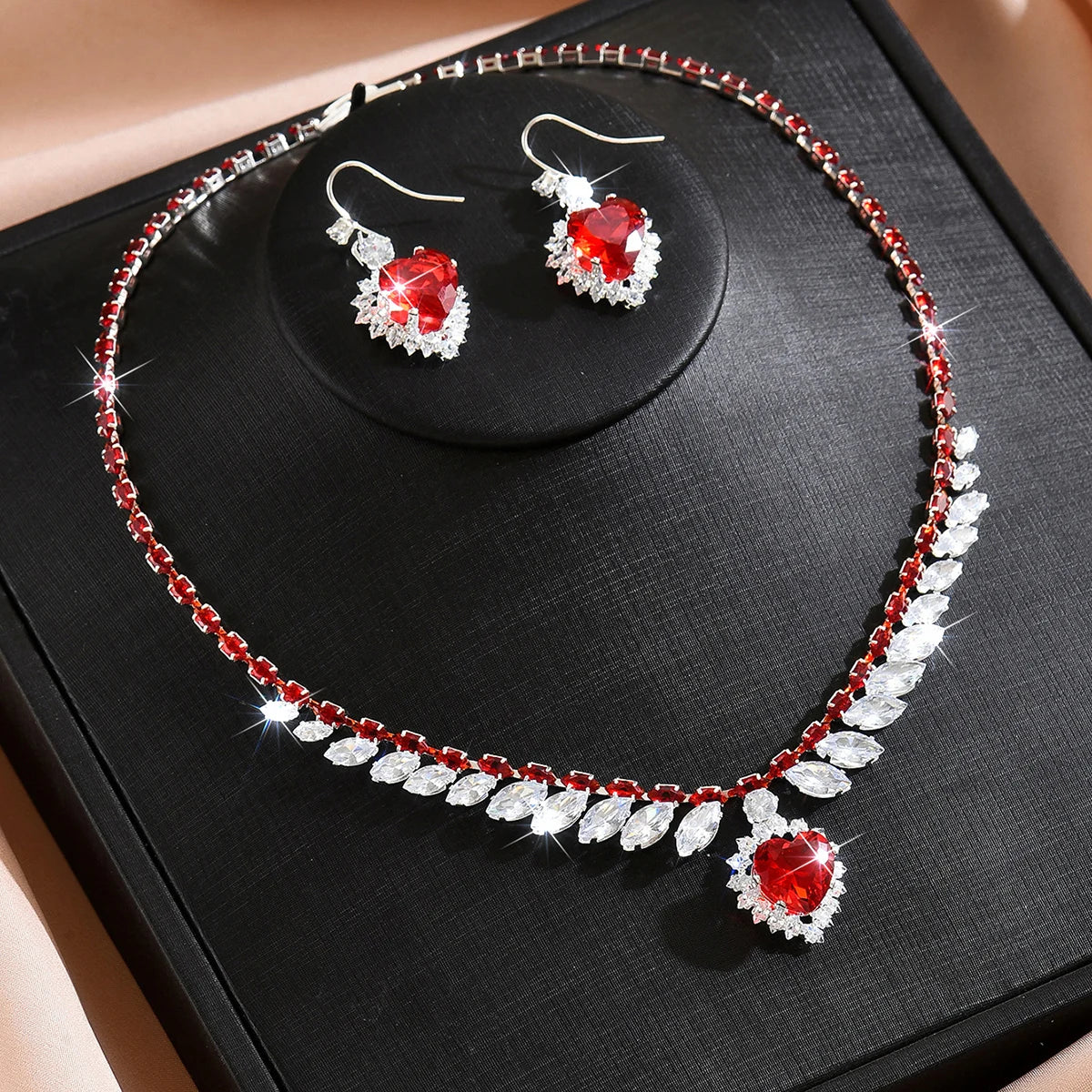 Cross Border Luxury Fashion Leaf Love Zircon Necklace Earring Set, Trendy and High-End Versatile Necklace Set with Accessories