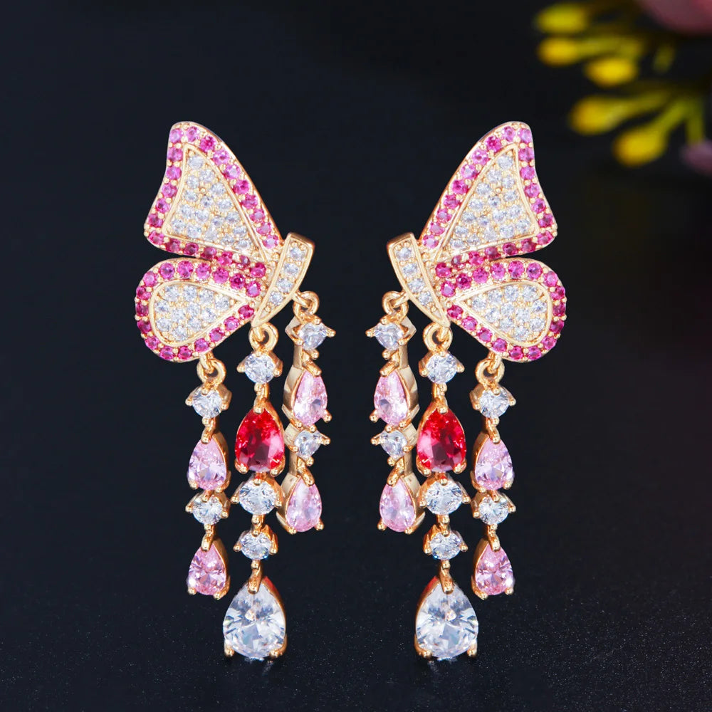 ThreeGraces Elegant Black Cubic Zirconia Butterfly Shape Long Dangle Tassel Earrings for Women New Fashion Party Jewelry E1281