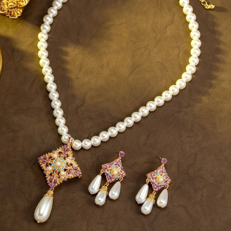 New Chinese Style Women Pearls Earrings Hollow Out Geometric Purple Elegant Jewelry Light Luxury Sweet Pendientes Mujer