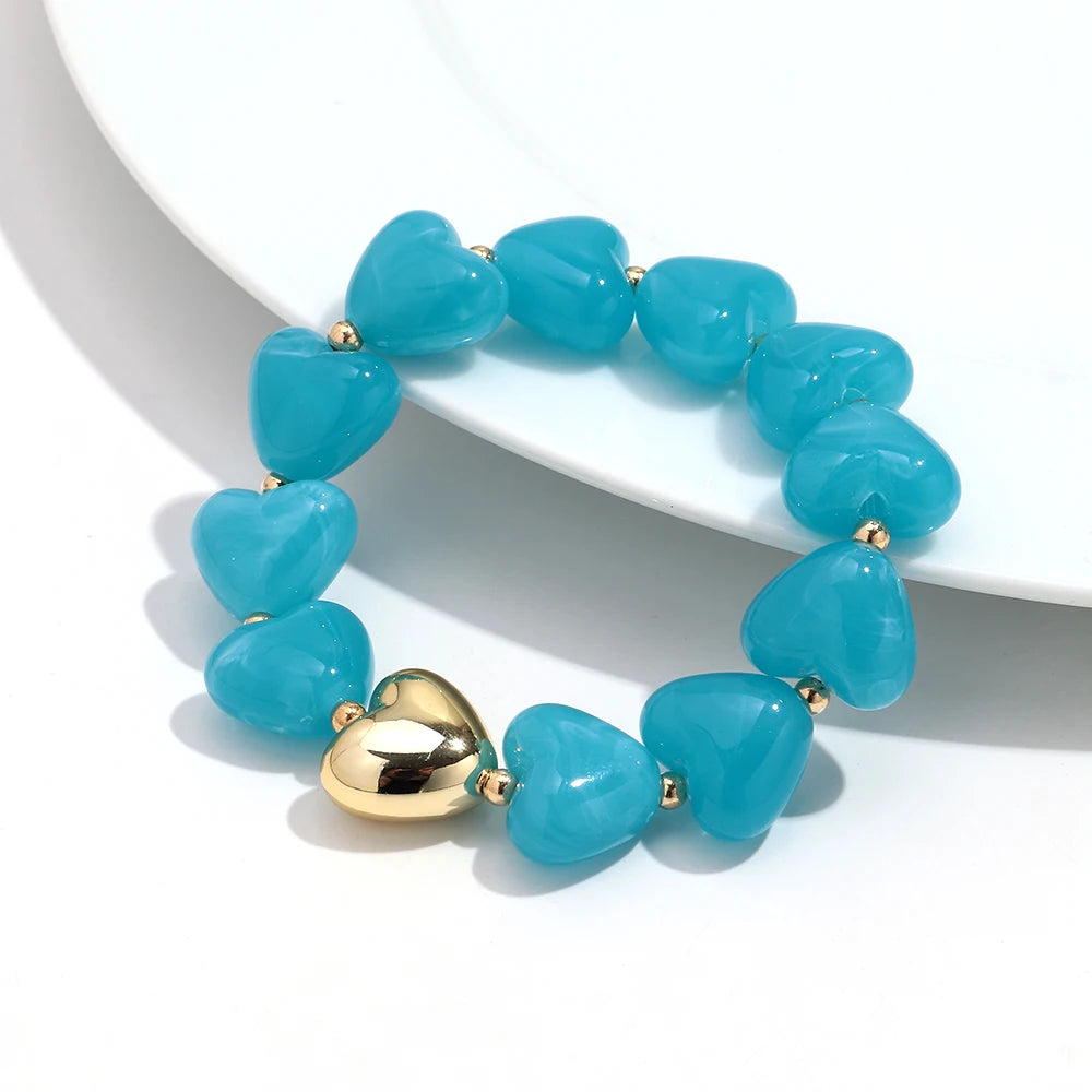 Sweet Resin Love Heart Beads Elastic Bracelets for Women Cute Geometric Heart Shape Stretch Bracelet Party Jewelry Gifts