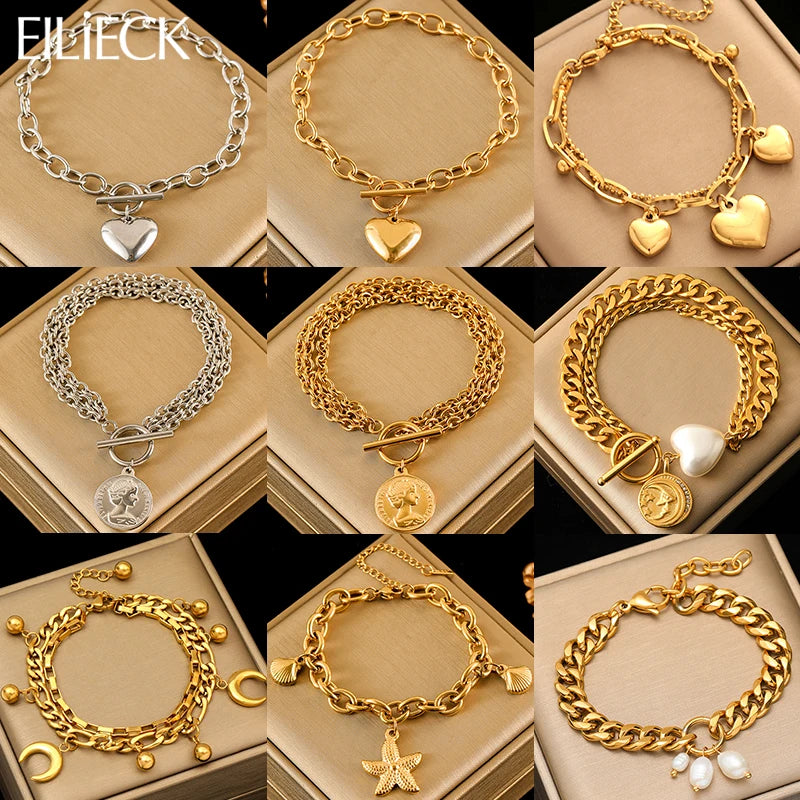 EILIECK New Fashion Stainless Steel Coins Heart Charm Bracelet For Women Trendy Gold Silver Color Wrist Chain Jewelry Lady Gift