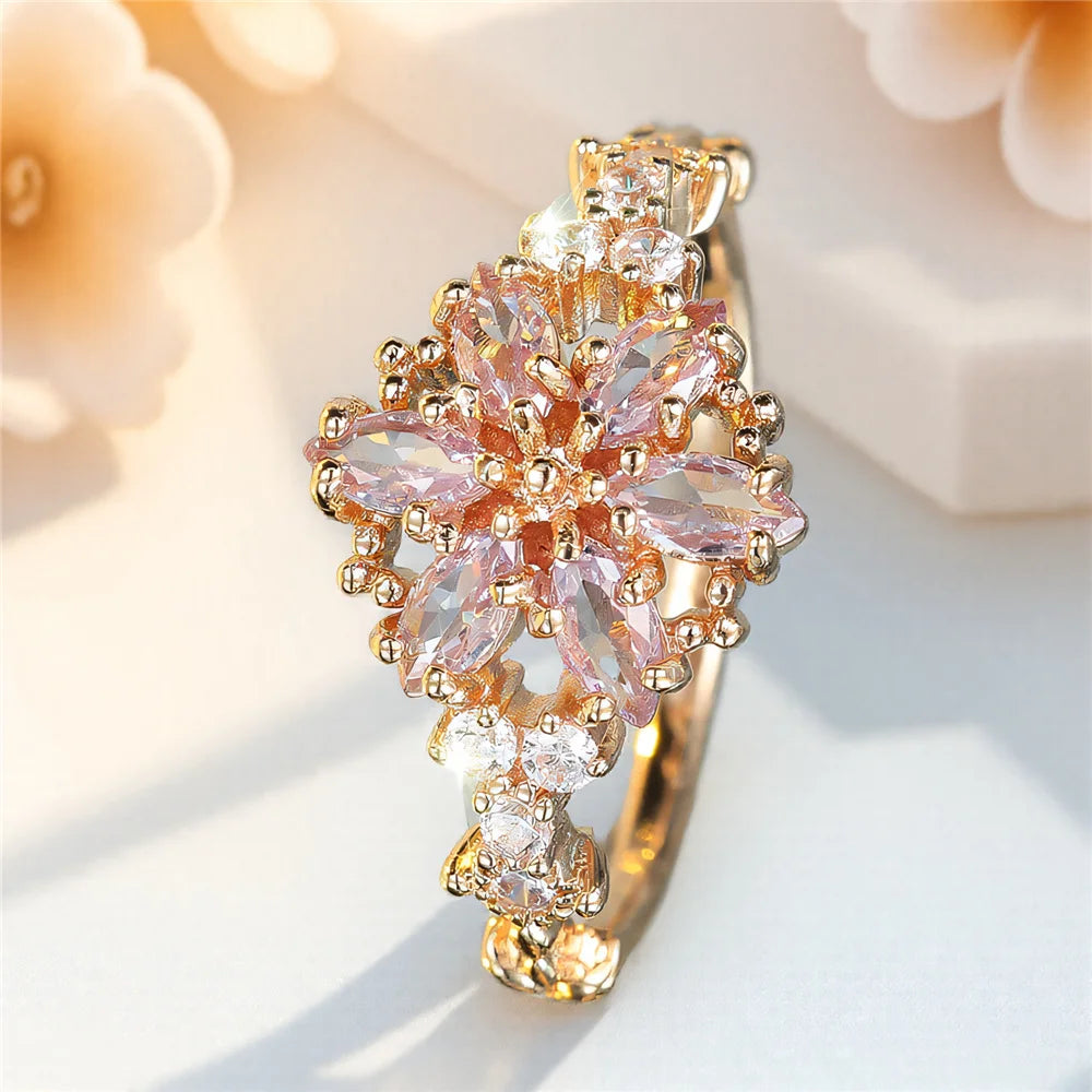 Cute Female Zircon Stone Flower Ring Gold Color Engagement Charm Wedding Jewelry For Women
