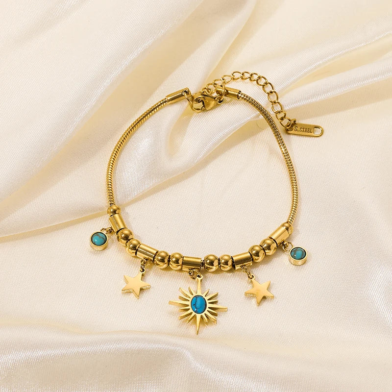 EILIECK 316L Stainless Steel Water Drop Zircon Butterfly Hexagram Charm Bracelet For Women Trend Fashion Gold Color Jewelry Gift