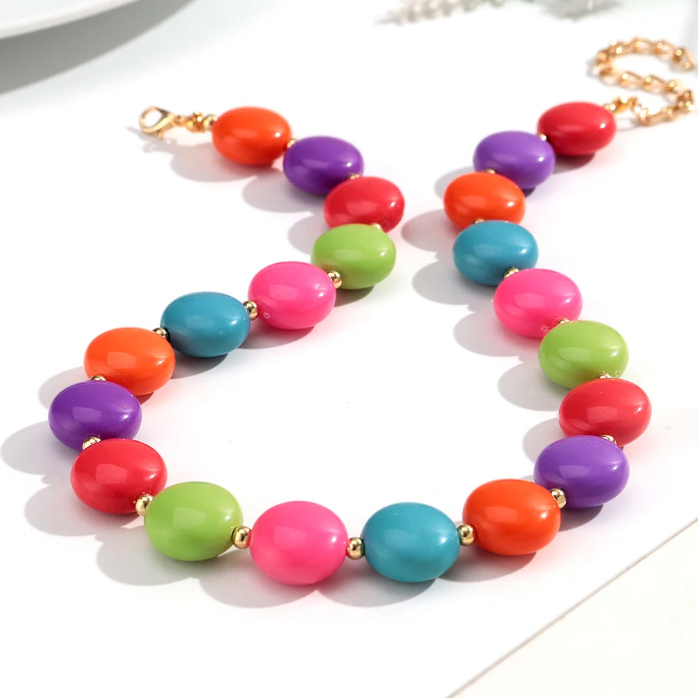 Fashion Colorful Acrylic Geometric Oblate Round Beads Necklaces for Women New Beaded Choker Necklace Boho Party Jewelry Gifts