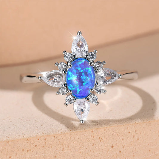 Trendy Blue Opal Oval Ring Vintage Silver Color Wedding Bands Engagement Rings For Women Men Minimalist Jewelry