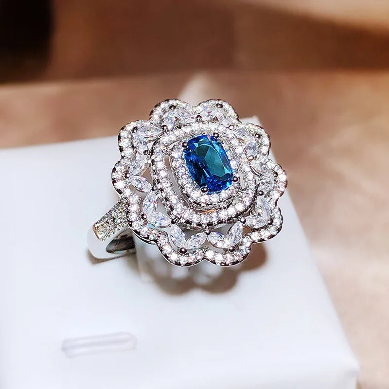 925 Silver Vintage Floral Blue Gemstone Ring Oval Sapphire Double Halo Cubic Zirconia Women Party Statement Ring