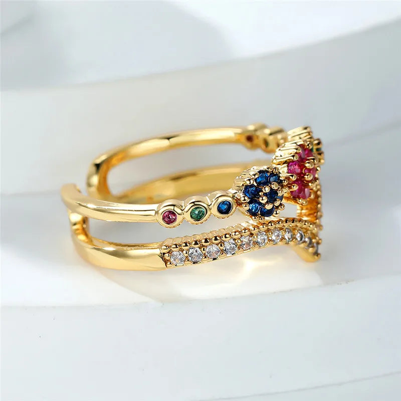 Luxury Female Small Round Adjustable Ring Classic Yellow Gold Color Engagement Jewelry Rainbow Wedding Rings For Women