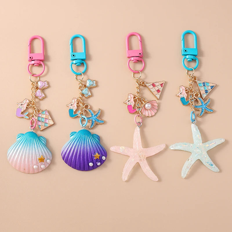 Pretty Mermaid Starfish Shell Keychain Marine Life Key Ring Women Girls Handbag Pendants DIY Jewelry Gifts