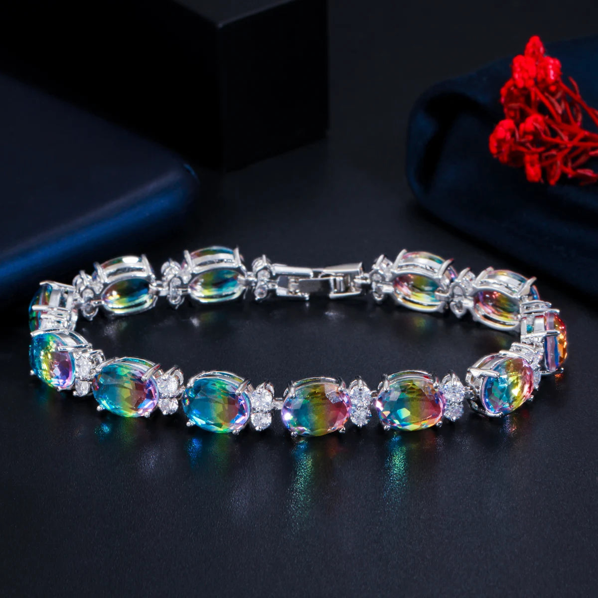 ThreeGraces Mystical Rainbow Cubic Zirconia Stones Silver Color Fashion Bridal Party Link Chain Bracelet for Women Jewelry BR380