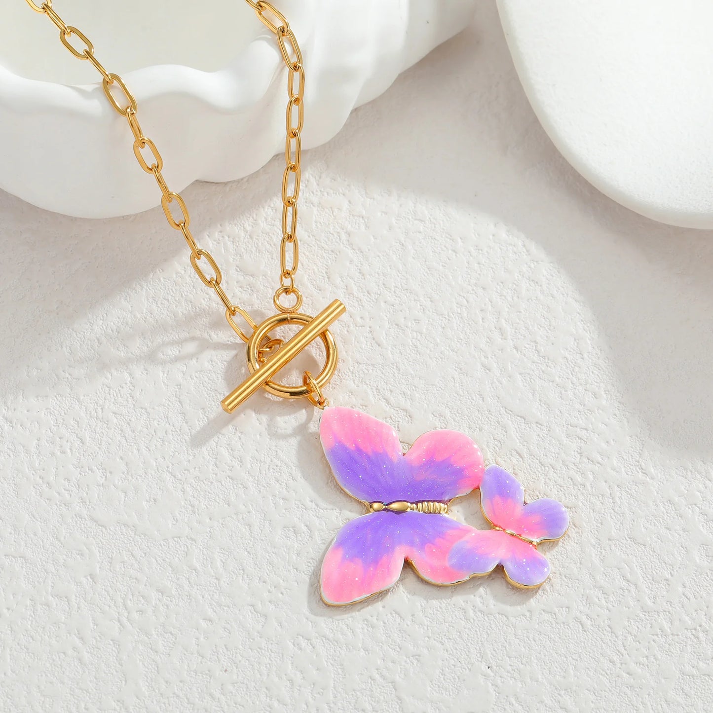 Freeteeme Stylish Dripping Oil Gradient Butterfly Necklace Ring Earrings Jewelry Set for Women Mom Gold Plated Birthday Gifts
