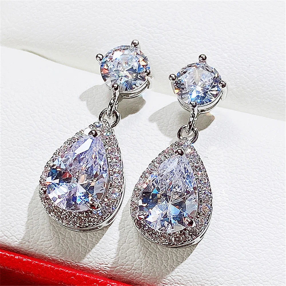 Luxury Female Blue Yellow White Zircon Stone Drop Dangle Earrings Cute Silver Color Party Jewelry For Women